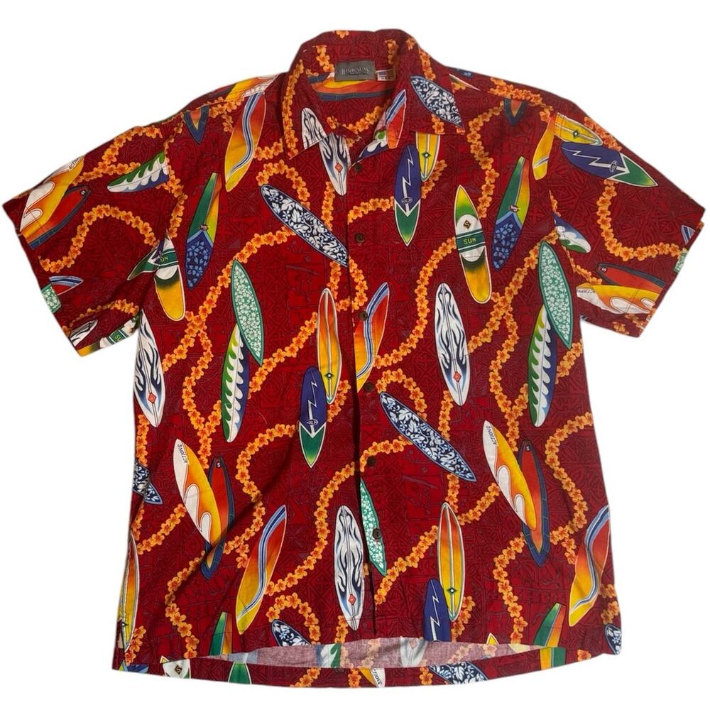 Vintage 90s High Seas Hawaiian Cotton Button Down Shirt Mens Large Red Surfer